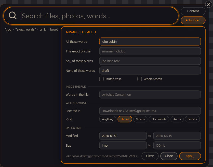 The advanced search form with a query built up from its fields