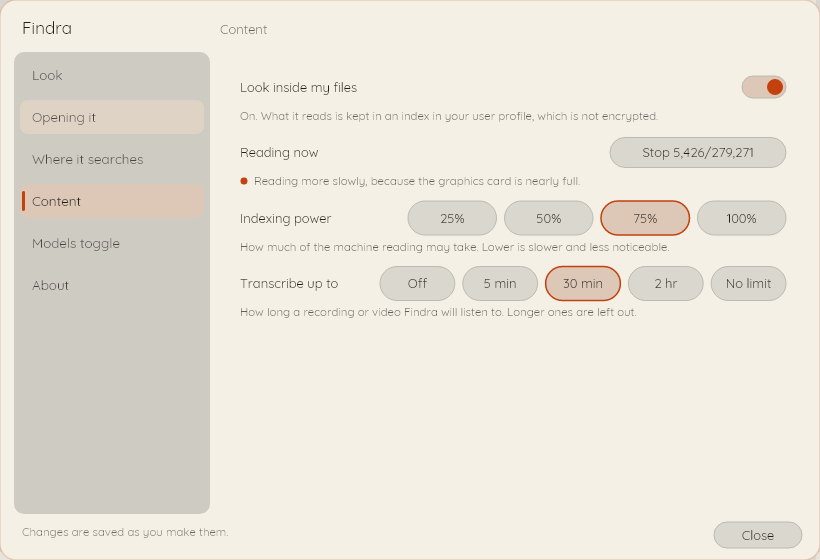 The Content section of Findra's settings window, showing the switch for reading inside files